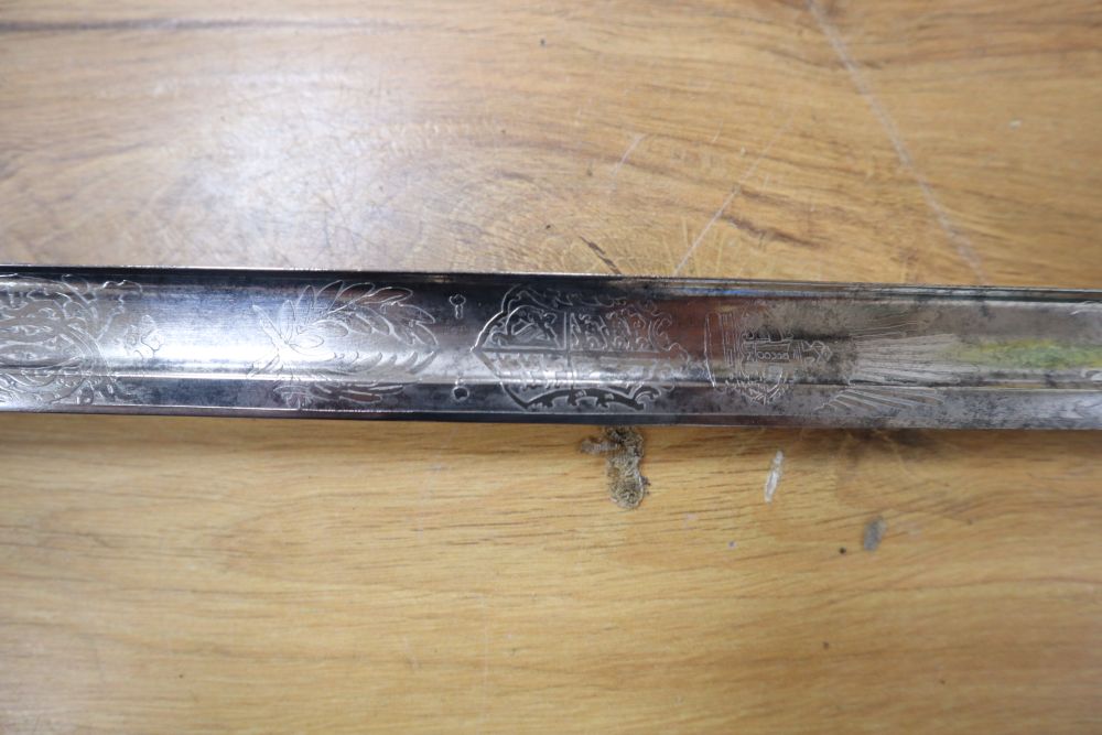 An Edward VII Infantry Officers sword, shagreen grip and 91cm etched, single edged blade, leather scabbard